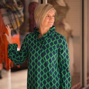 Navy & Green Geo Pattern Ruffle Neck tunic top